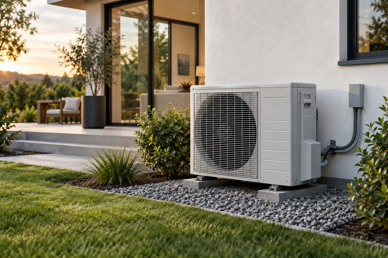 AI-generated Airwell example of a sunlit modern home with a discreet outdoor heating and cooling unit beside the garden
