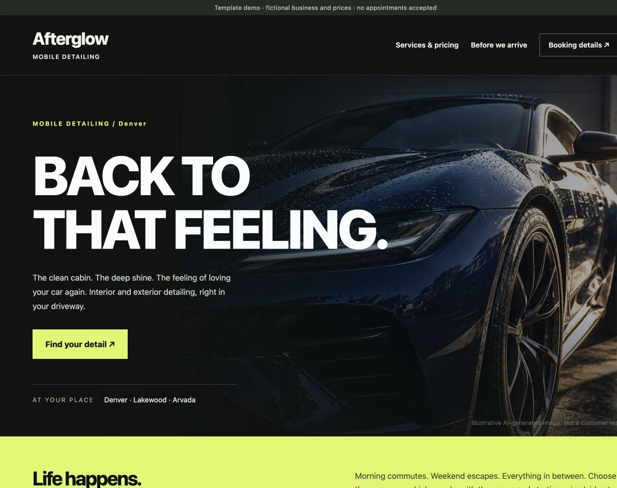 Afterglow website desktop excerpt: its actual typography, layout and image framing