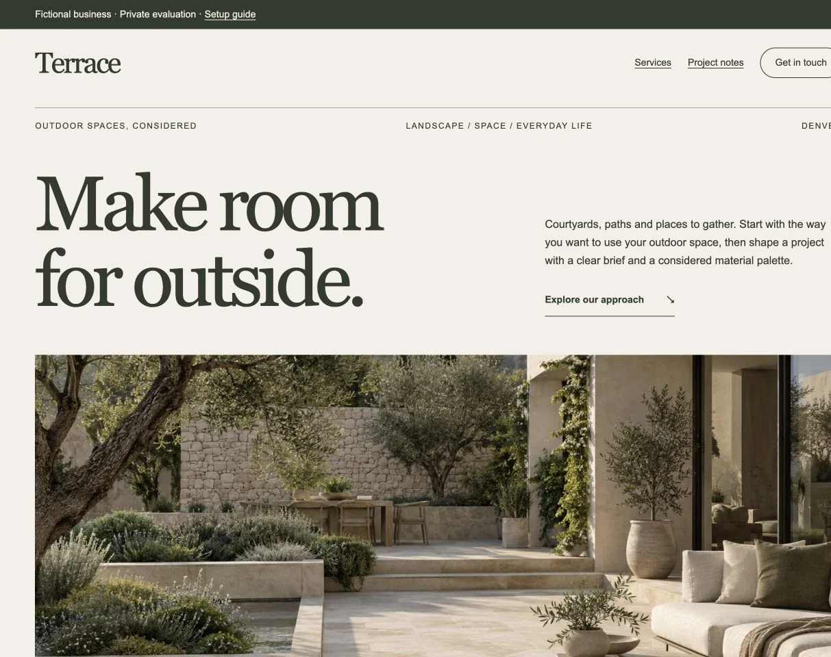 Terrace website desktop excerpt: its actual typography, layout and image framing