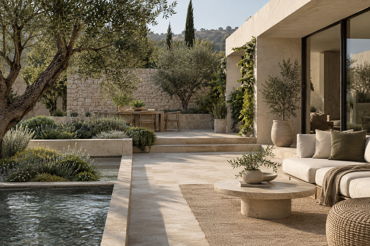 AI-generated example of a contemporary courtyard with pale paving, restrained planting and timber seating